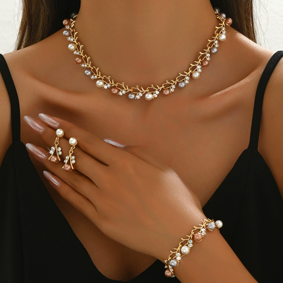 Серьги из жемчуга, колье и браслет, комплект, бижутерия, платье, аксессуар, европейский стиль, комплект из 3 предметов