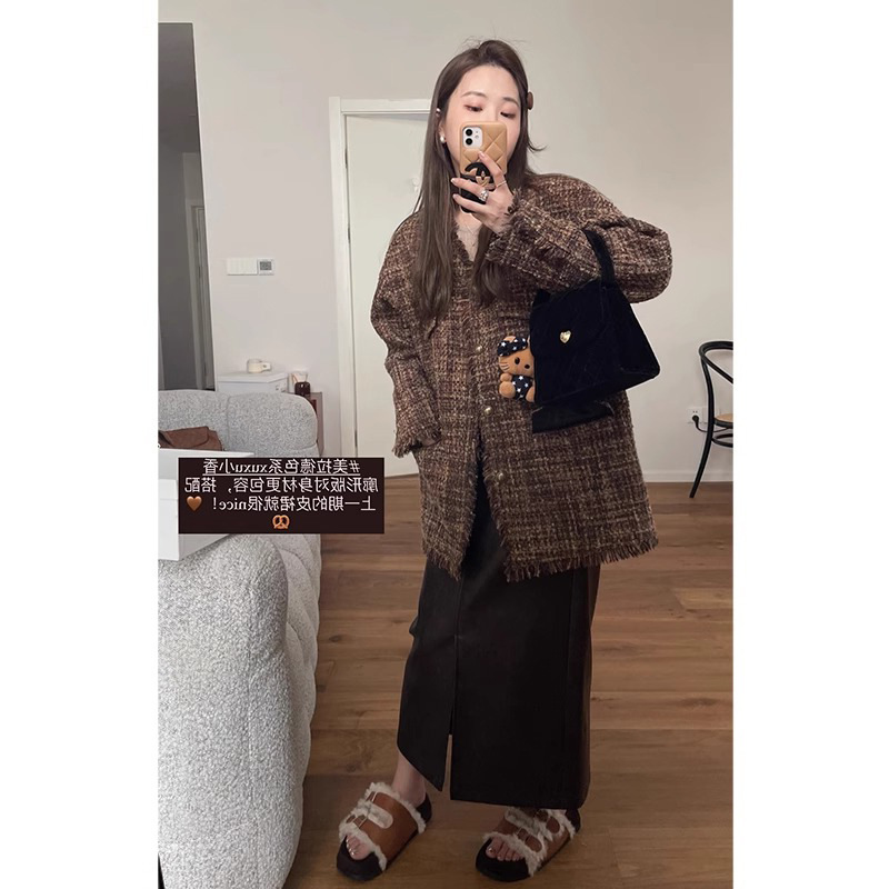 Heygirl Black Brother Zurich Daughter Mustache Edge Profile Padded Small Fragrance Tops Women's Winter Tweed Top