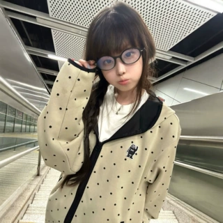 美式复古波点连帽撞黑边刺绣卫衣女春秋宽松休闲拉链开衫情侣外套