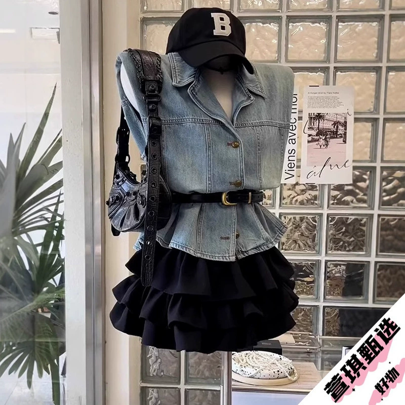 Моющийся синий джинсовый жилет с поясом, новый летний универсальный повседневный жилет в корейском стиле, топ без рукавов
