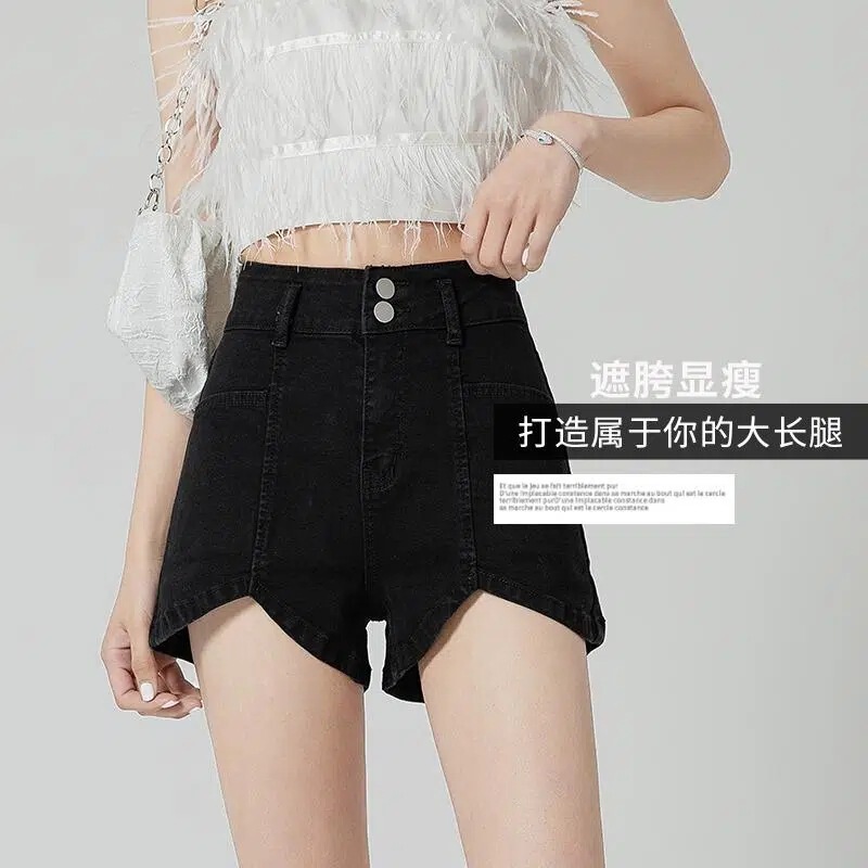 Wide-Leg A-Line Black Denim Shorts for Women 2024 Summer New Elastic High-Waisted Asymmetrical Slimming Look Loose Pants