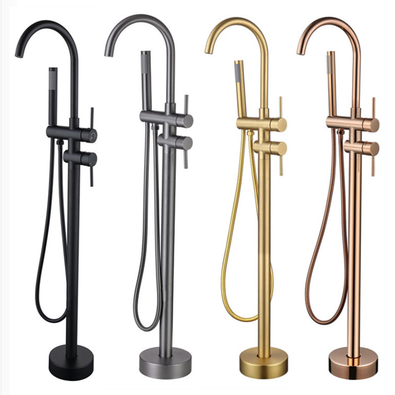 跨境落地式浴缸水龙头冷热木桶立柱盆淋浴花洒套装立式水龙头全铜