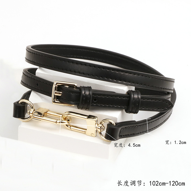 Premium cowhide plain black 1.2cm shoulder strap gold buckle