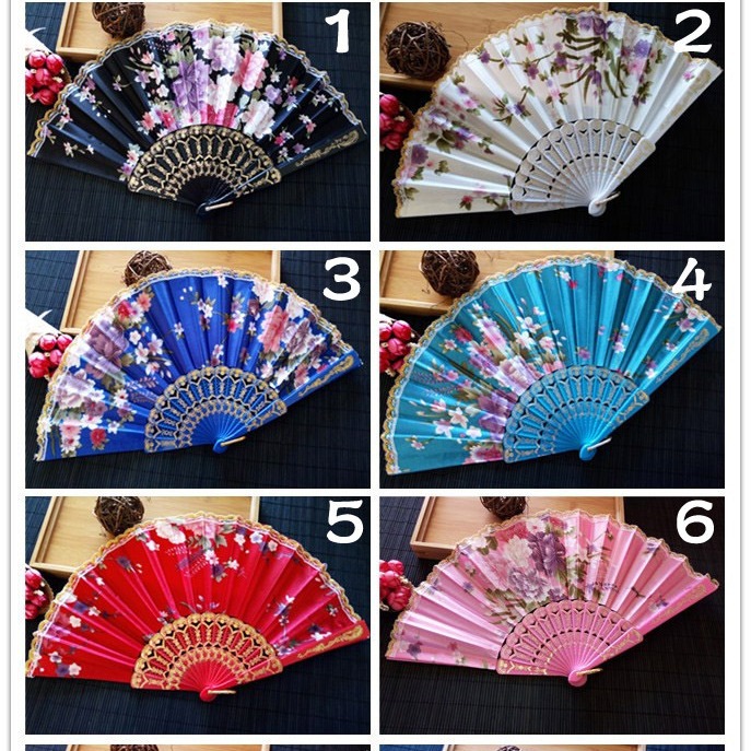 Hay en stock transfronterizo de plástico de hueso pequeño borde de encaje ventilador plegable ventilador de satén ventilador de la danza 8 colores opcionales