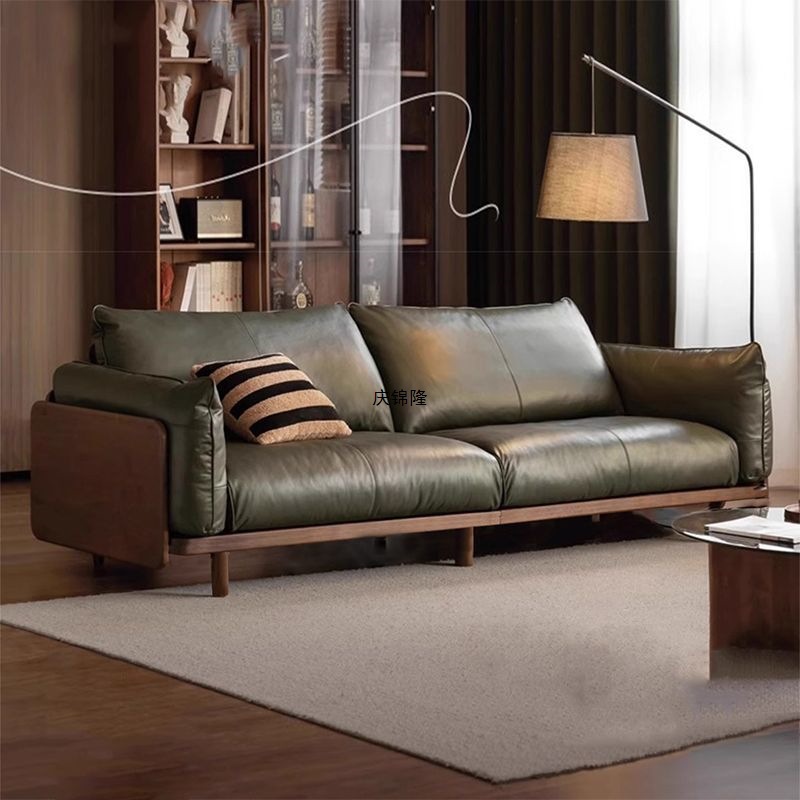 Medieval Style Solid Wood Sofa Living Room Italian Light Luxury Small Apartment Leather Art Sofa Home Black Walnut Color Sofa