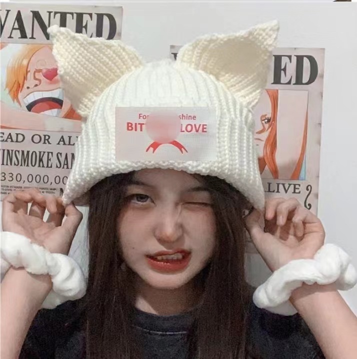 European and American niche design personalized cat and pig ear couple knitting yarn hat cute warm autumn and winter hat for men and women trendy