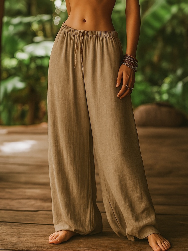 Women's Clothing Women's Cotton Linen Loose Straight Leg Pants With Elastic Waist And Pockets Solid Color Casual Bottoms_ecoleips.com