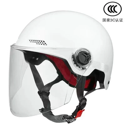 Sun Protection Half Helmet for Men: Motosiklet kaskı (dəbilqə) - pure-white-transparent-long-mirror-free-night-reflective-stickers-306
