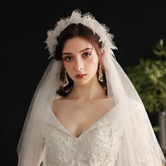 復古仿真花環白色頭紗發箍婚慶新娘頭紗婚禮派對頭箍蕾絲網紗花環