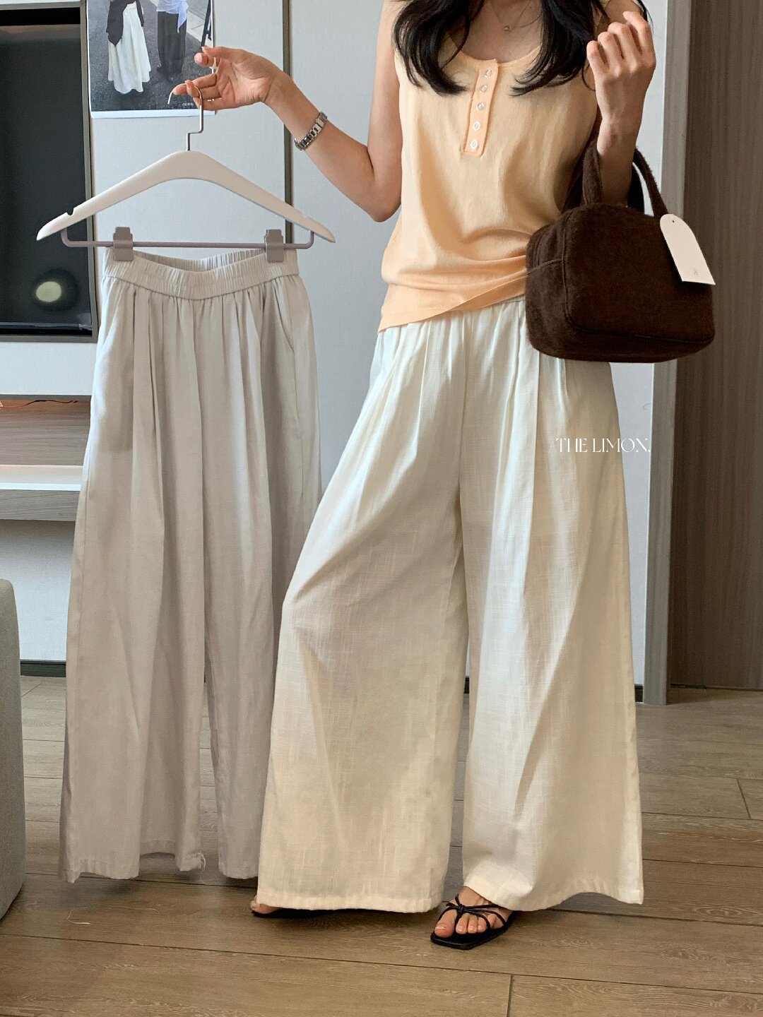 Quần ống rộng nữ vải linen phối cotton dáng suông mùa hè — Xám gạo, Xanh xám nhạt, Xanh đen, Cam bí ngô chi tiết 19
