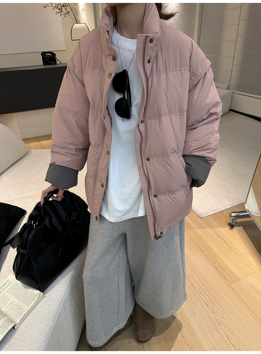 黎诺韩系休闲拼色白鸭绒羽绒服女2024冬季新款立领宽松面包服外套详情18