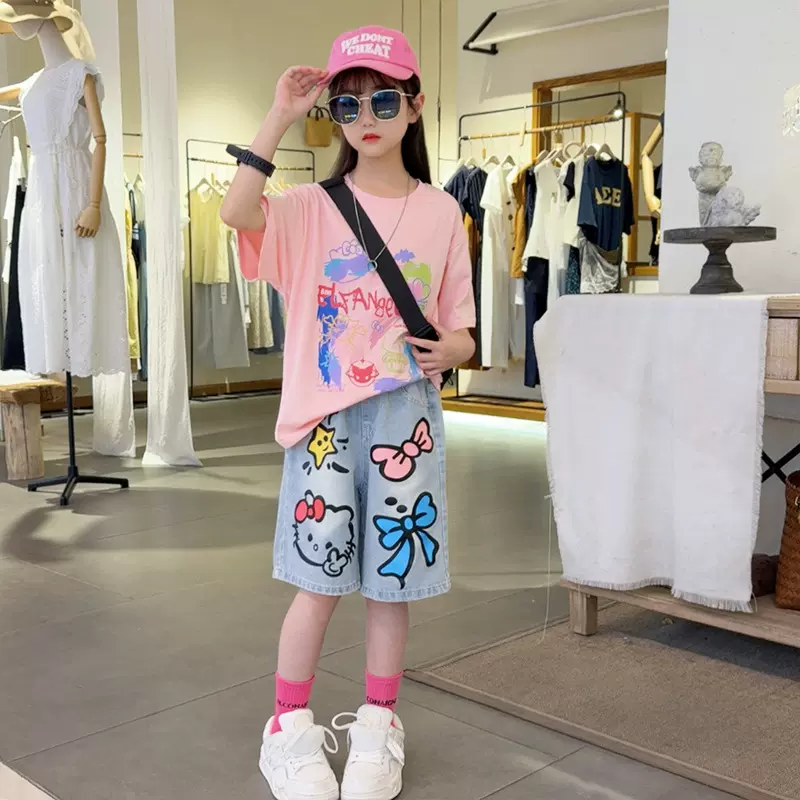 女童夏季套装2025新款洋气女孩时髦炸街短袖儿童卡通牛仔裤两件套