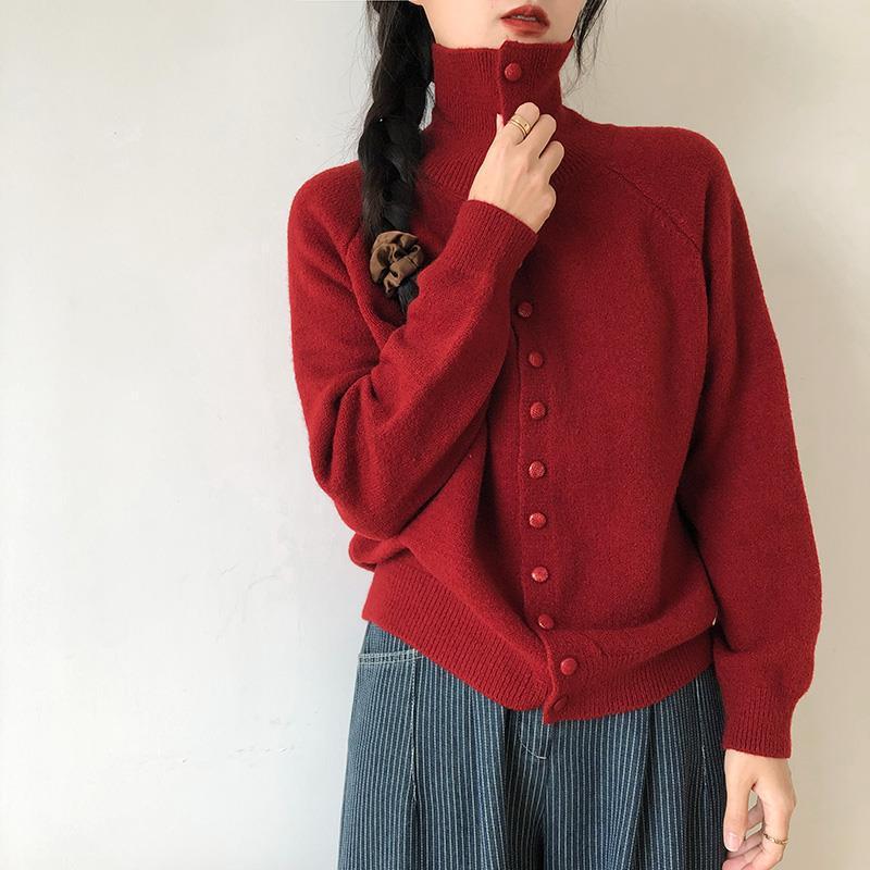 Yifantai 秋と冬の新しいタートルネックニットカーディガン女性のレトロ韓国スタイル怠惰なスタイルのハイエンドルーズセータージャケット|undefined