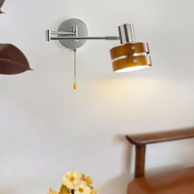 卧室床头灯拉线伸缩摇臂壁灯复古中古实木侘寂风民宿客房阅读墙灯