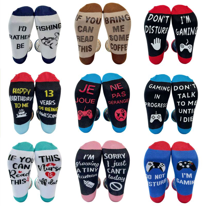 Cross-Border Popular Export Custom-Made Men's and Women's Cotton Socks, Personalized Jacquard Creative Foot Letters, Non-Slip Glue Floor Socks