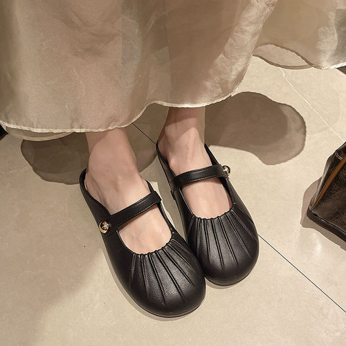 Half Slip On Spring and Autumn New French Mary Jane Pleated Women's Single Shoes Casual Matchy Matchy Style Side Small Beads No Back Heel