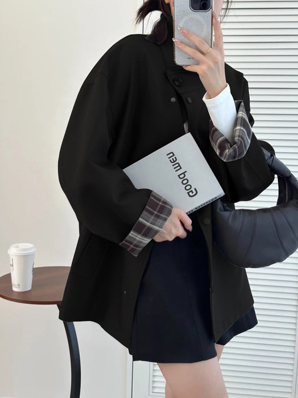 2025秋新款撞色格纹小个子风衣外套女廓形宽松显瘦百搭英伦风大衣|undefined