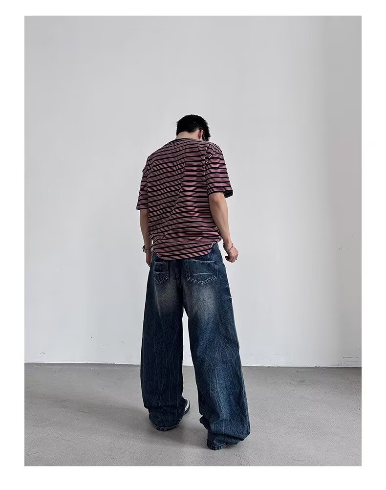 American Style Rivet Lightning Denim Jeans For Men And Women, Wide-Legged Distressed Wash Vintage Drop-Crotch Trousers, Trendy Streetwear Design_mkmklike.com