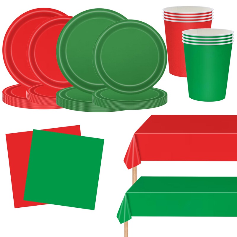 Red Green Solid Color Theme Party Set Tableware Casual Color Matching for New Year Halloween Disposable Party Paper Plates Red Green Solid Color Theme Party Set Tableware Casual Color Matching for New Year Halloween Disposable Party Paper Plates