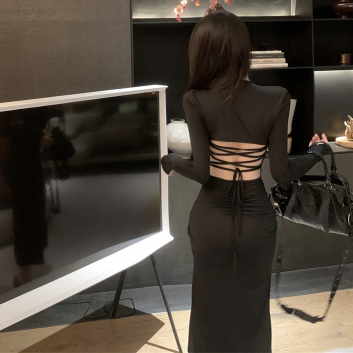 Sexy Backless Lace-up Long-sleeved Tight Waist Dark Dress Hip Split Mid-length dress 10293