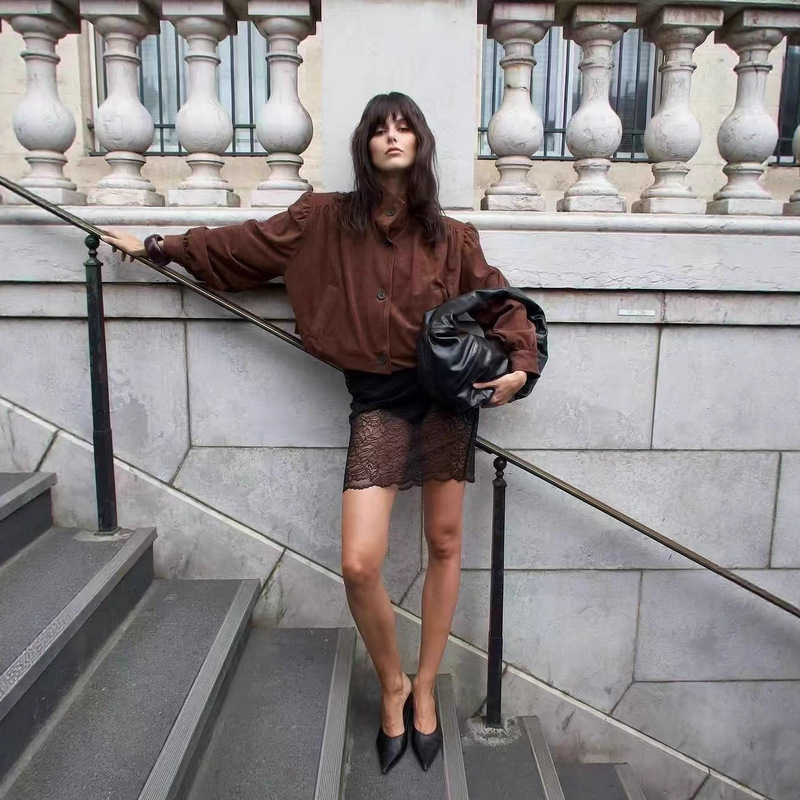 2025 Autumn and Winter European and American Cross-Border Tk New Pleated Suede Shoulder Pad Bomber Jacket Suit Jacket Hy184