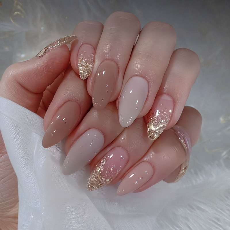 Cross-Border Hot-Selling Water Drop Nails Autumn and Winter Brown Glitter Wearable Nails Pure Desire Gentle Whitening Temperament Manicure Fake Nails Cross-Border Hot-Selling Water Drop Nails Autumn and Winter Brown Glitter Wearable Nails Pure Desire Gentle Whitening Temperament Manicure Fake Nails