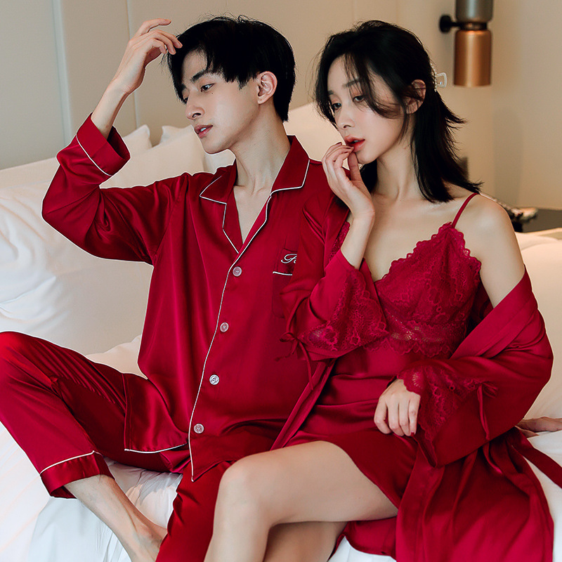 Wedding couple pajamas Red Ice Silk long-sleeved men's and women's sexy sling birth year nightgown nightgown home wear