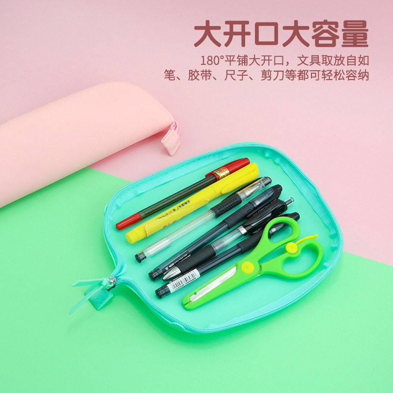 Versión coreana del simple estuche para lápices de silicona, curvo, completamente abierto, estuche para lápices de gran capacidad, bolsa de papelería portátil para estudiantes, logotipo impreso