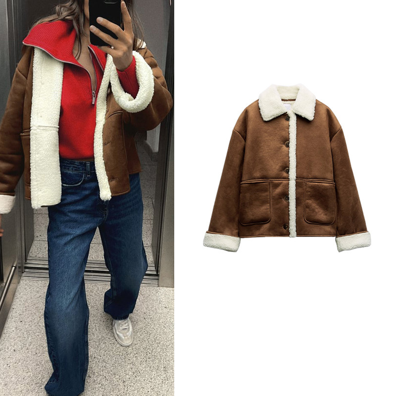 ZA autumn and winter New lapel loose thick warm lamb wool patch bag decoration double-sided jacket coat 8741222