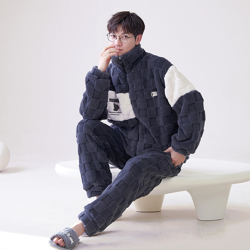 Pijamas de franela los hombres del otoño y el invierno collar soporte caliente juventud coral fleece homewear traje se puede usar fuera