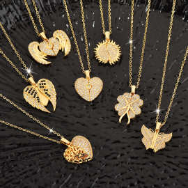 厂家直多款跨境锆石款开合刻印LOGO锁骨项链女时尚开合心项链批发