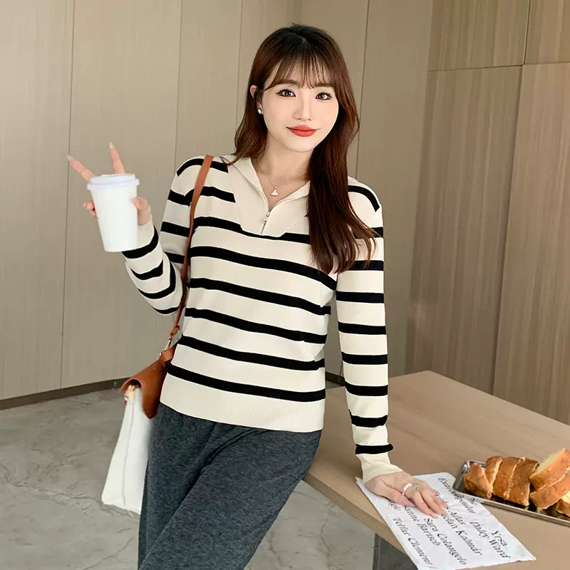 大码女装条纹半拉链撞色百搭针织衫胖妹妹上衣秋冬打底衫女0706