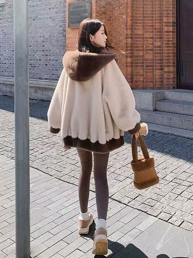 Бархатный зимний пуховик, корейский стиль, утолщённый, с капюшоном, бежево‑абрикосовый