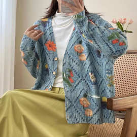 秋装新款女装文艺甜美棉线钩花宽松叠穿毛衣外套长袖针织衫