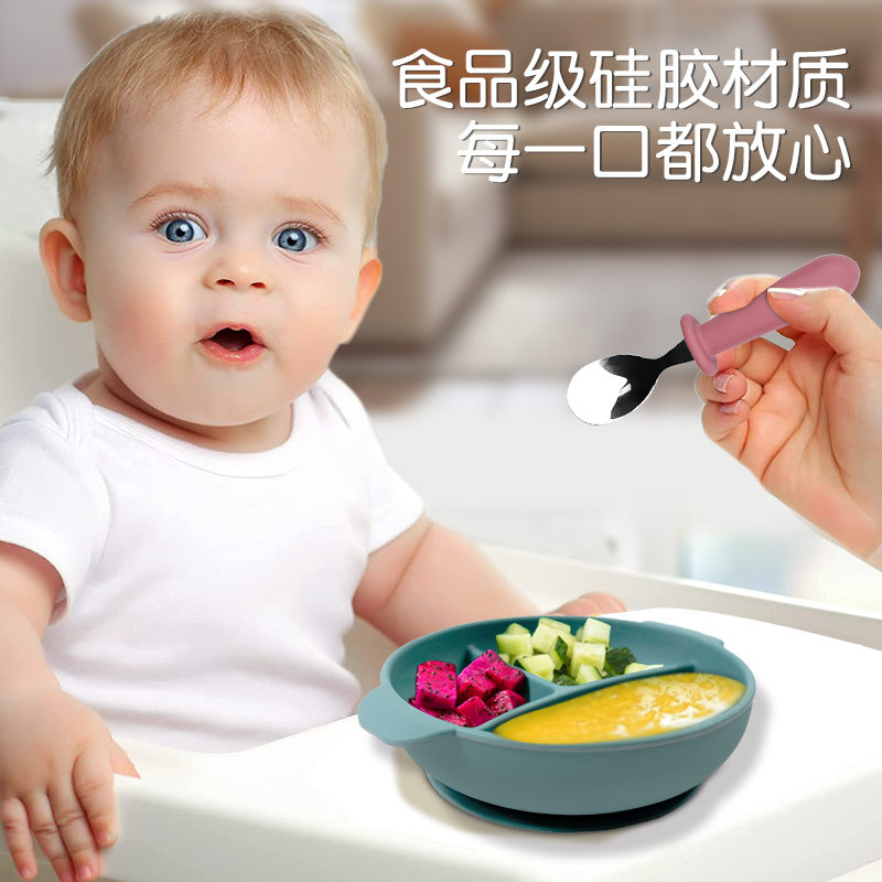 Silicona bebé pezón grado alimenticio silicona 304 Acero inoxidable cuchara bebé suplemento alimenticio cuchara de arroz de color sólido