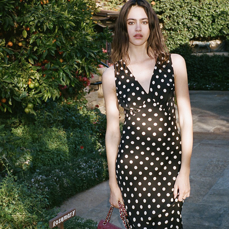 Romantic Polka Dot Retro Modern Deep V-Neck Bias Cut Silk Sleeveless Long Dress Romantic Polka Dot Retro Modern Deep V-Neck Bias Cut Silk Sleeveless Long Dress