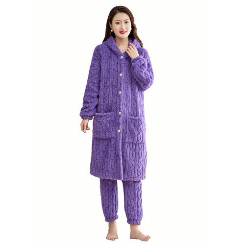 Women's Coral Fleece Pajama Set for Autumn/Winter - Embroidered Robe with Warm and Thick Design, Wearable at Home