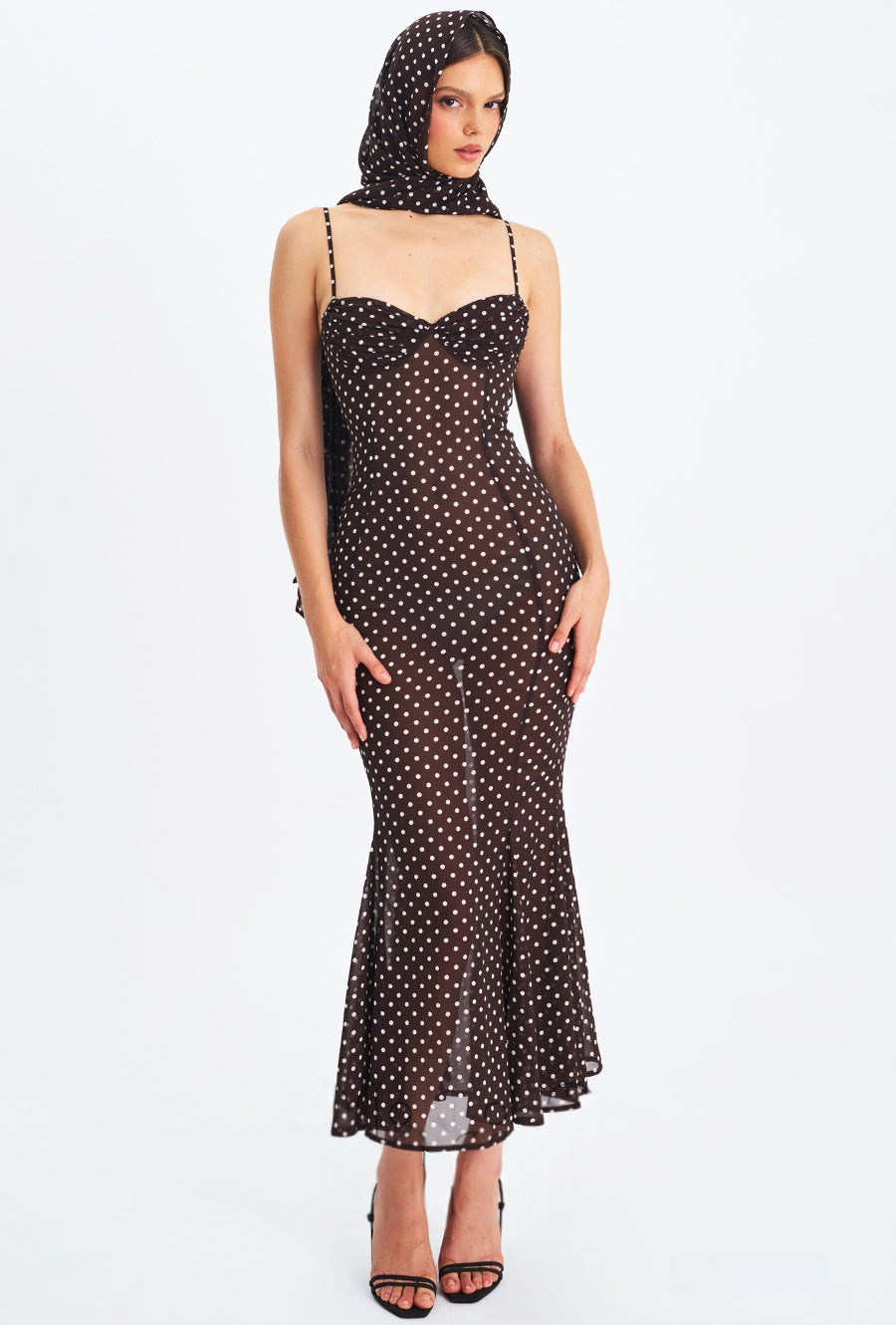 Women Elegant Spaghetti Strap Polka Dot Print Backless Dress Stylish Scarf Decor Slimming Party Vacation Dress_ecoleips.com