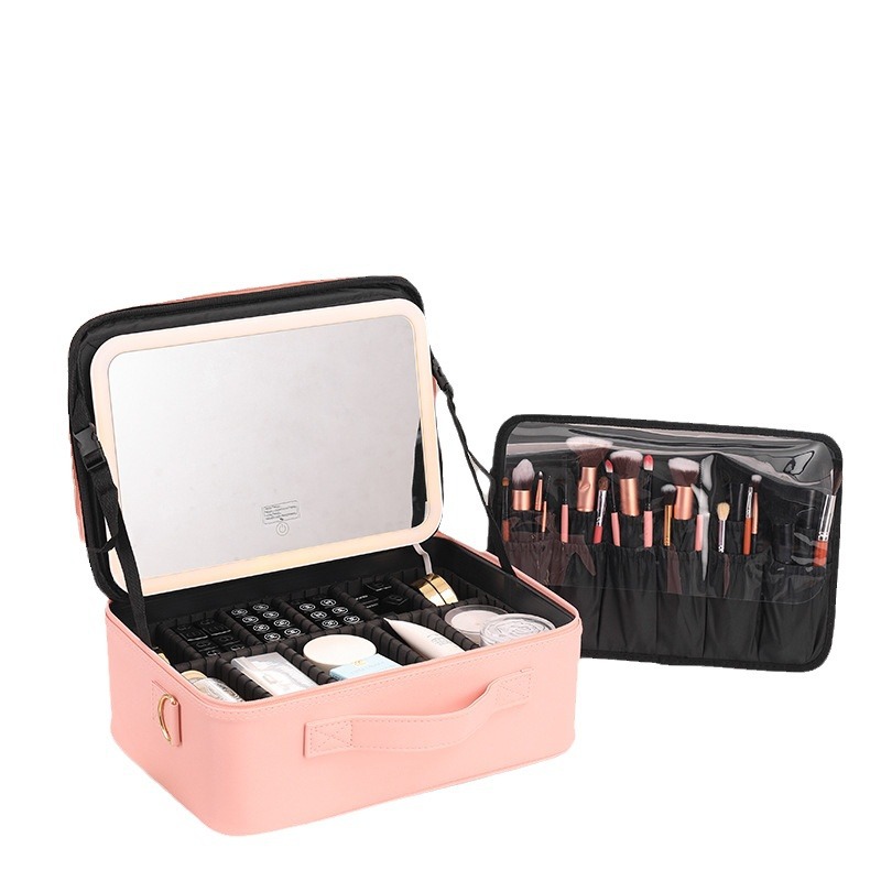 Bolsa de maquillaje con luz LED y espejo, bolsa de almacenamiento de cosméticos negra de gran capacidad, estuche de maquillaje en polvo, esencial para viajes con LED