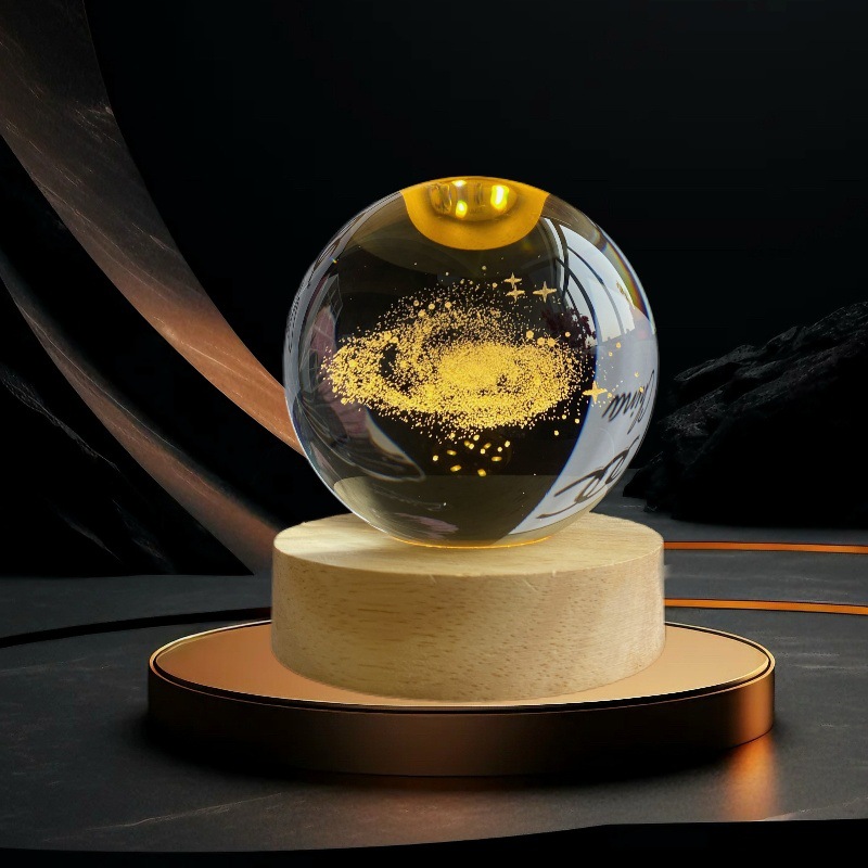 Lámpara de Noche de Cristal con Diseño de Cielo Estrellado 3D, Regalo Navideño, Base Redonda de Madera Luminosa, Lámpara de Mesa, Adorno, Regalo de Navidad