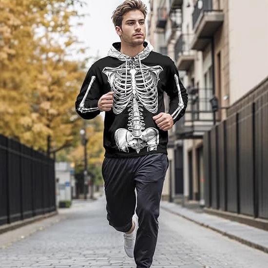 Divertido thriller, esqueleto blanco, estampado 3D, suéter con capucha suelto de manga larga con cordón de moda callejera para hombres