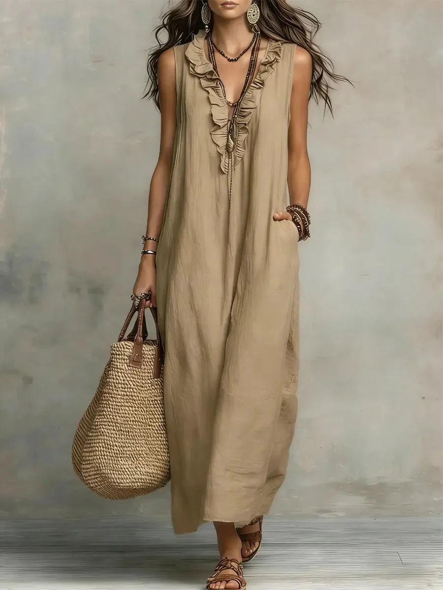 Women's V Neck Ruffled Cotton Linen Boho Maxi Dress – Breathable Casual Resort Gown With Tiered Details_ecoleips.com