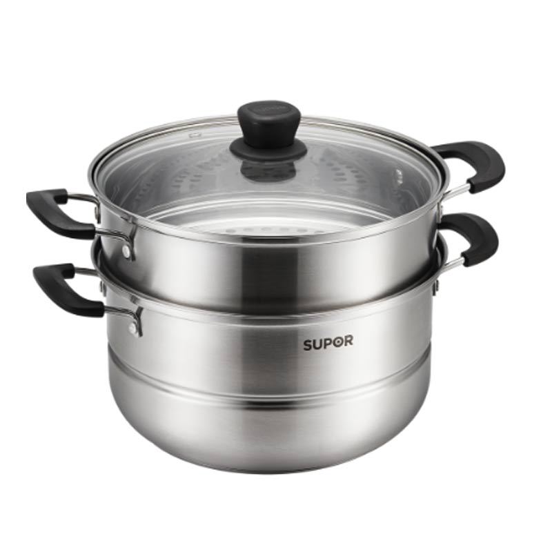 Supor Stainless Steel Steamer with Glass Lid, 26cm Diameter, Double Layer, Visible Glass Cover, Open Flame Use
