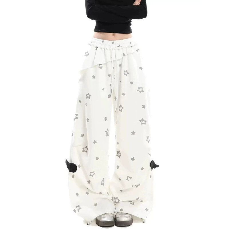 Japanese-Style Light Asian Style Star-Print Wide-Leg Casual Pants for Women, Spring Season, Loose High-Waisted Slimming Straight-Leg Floor-Length Trendy Pants Japanese-Style Light Asian Style Star-Print Wide-Leg Casual Pants for Women, Spring Season, Loose High-Waisted Slimming Straight-Leg Floor-Length Trendy Pants