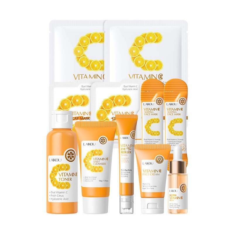 Transfronterizo LAIKOUFENYI Vitamina C serie combinación hidratación humectante productos de cuidado de la piel paquete de caja Inglés FDA productos de cuidado de la piel