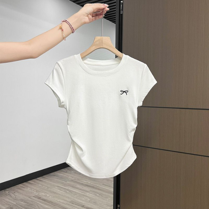 KR105、白いしわが腰のプリントtシャツの女性の純粋な欲望の丸首の正肩の半袖の夏の小さい飛袖の短いタイプは修理します。|undefined