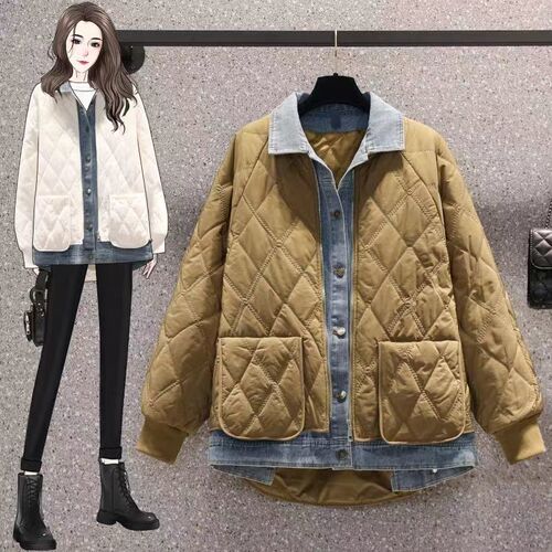 Design Women's Loose Fleece Jacket with Denim Patchwork and Herringbone Pattern, Stylish Outerwear for 2025 Autumn/Winter, Plus Size