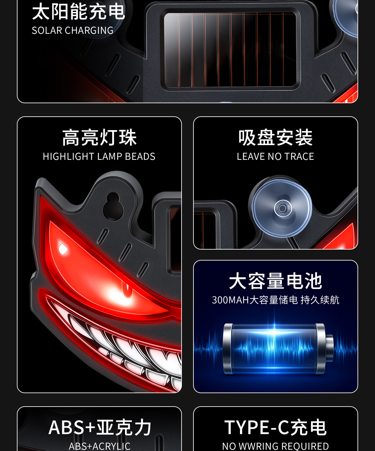 Cross-border automotive dynamic evil eye solar-powered LED warning light for trucks and vans