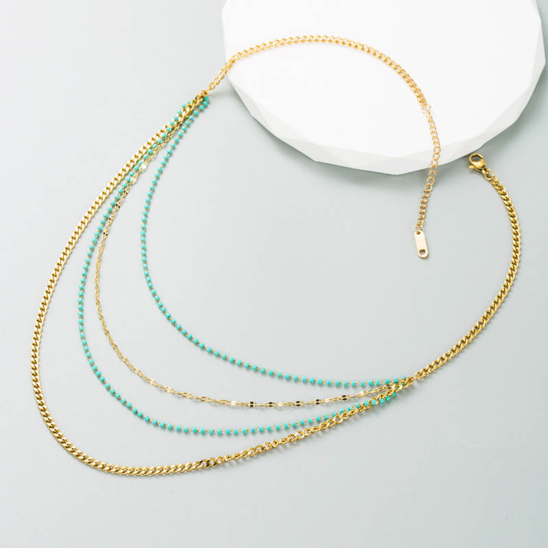 Retro Geometric Titanium Steel Gold Plated Beads Layered Necklaces 1 Set