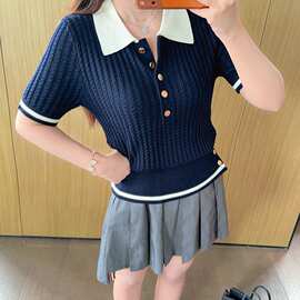 韩版通勤风透气短袖针织女显瘦气质修身百搭上衣